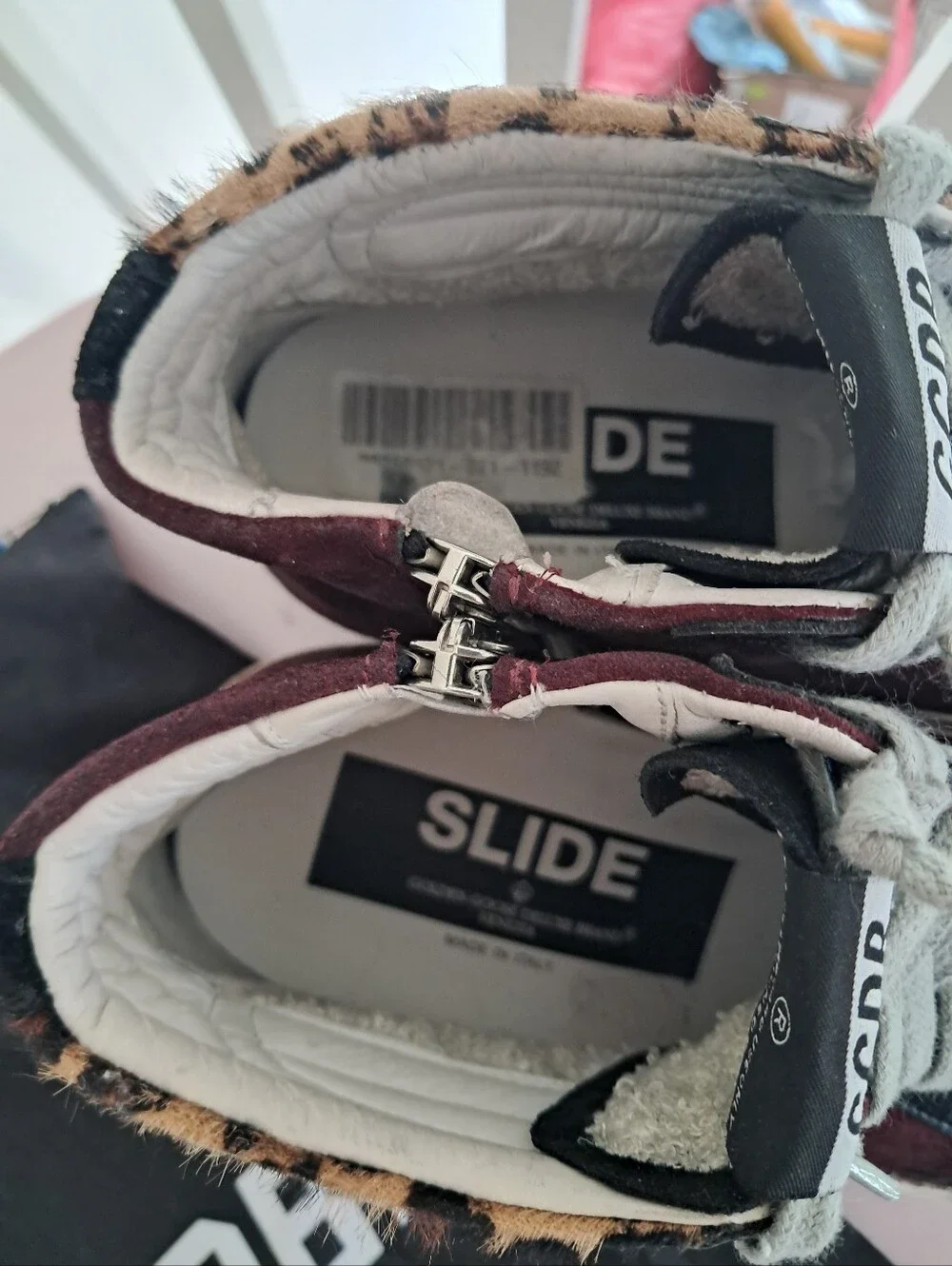 Golden Goose Sneakers Women's 38 8 Slide High Top Burgundy Leopard Calf Hair